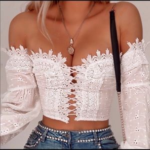 Lace-Up Puff Sleeve Crop Top